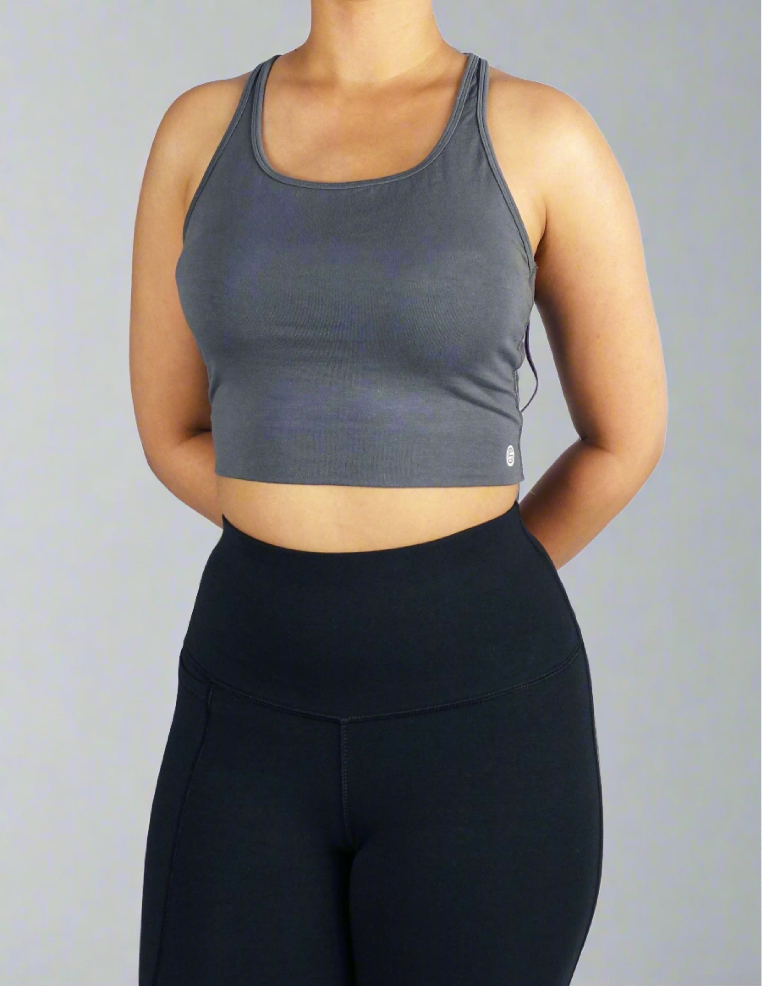 Front view of a women's grey soft crop top 